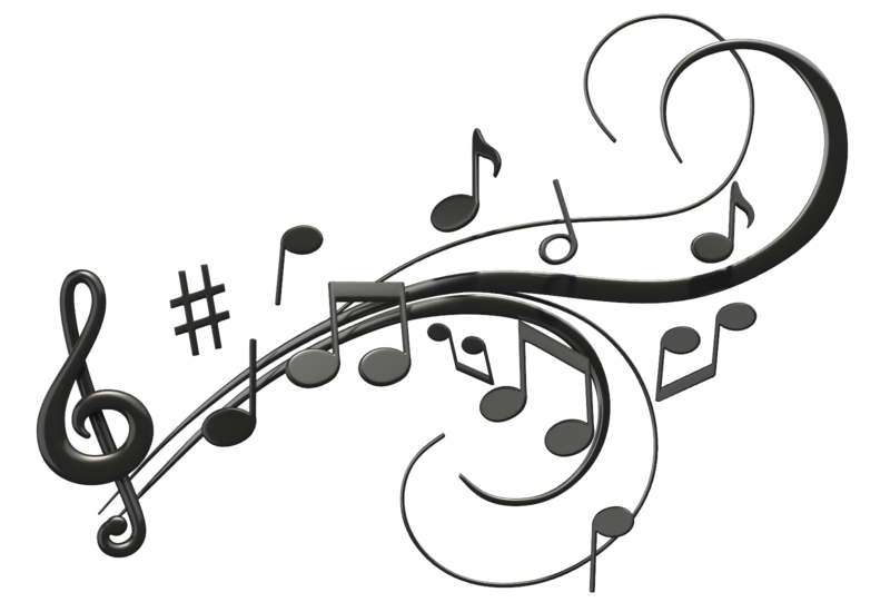 Elegant black musical notes and clef swirling on white background, symbolizing melody and harmony.