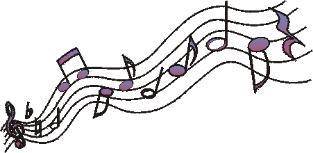 Hand-drawn musical staff with flowing notes and clef, in purple and black ink on white background.