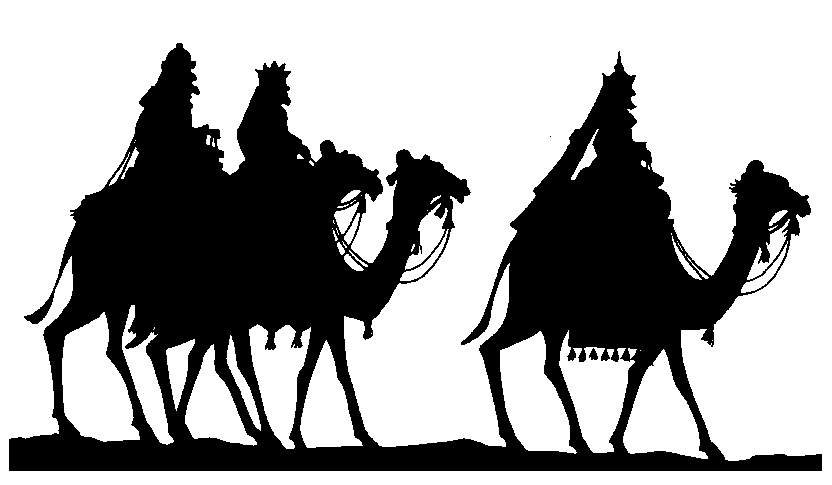 Silhouette of the Three Wise Men riding camels, following the Star of Bethlehem in a classic nativity scene.