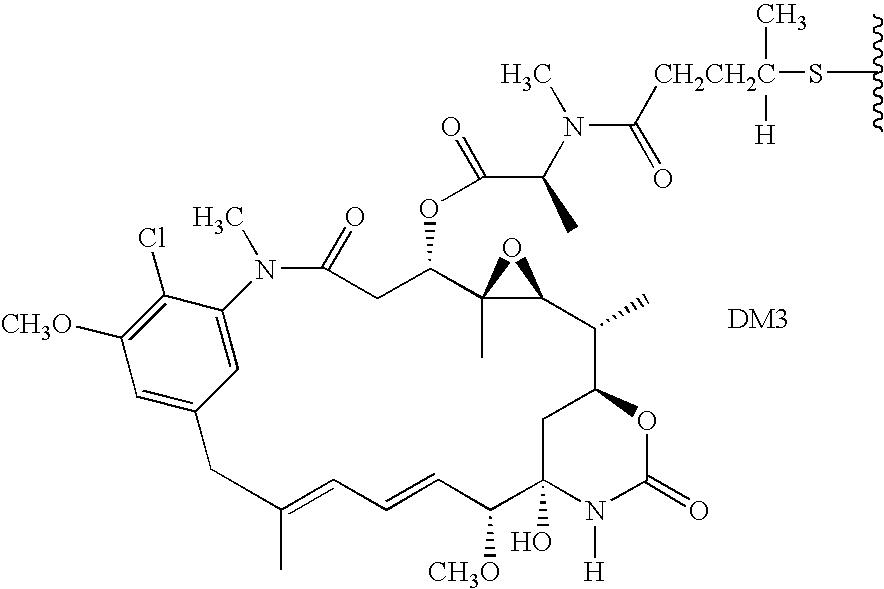 Chemical structure diagram of DM3, a cytotoxic maytansinoid used in antibody-drug conjugates for targeted cancer therapy.