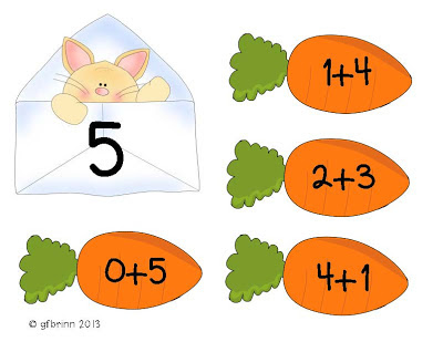 A cartoon bunny peeks from an envelope labeled "5", surrounded by four carrots each showing a math equation (1+4, 2+3, 0+5, 4+1) that sums to 5.
