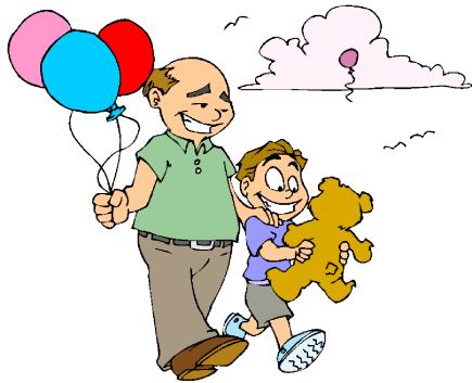 A smiling father and son walking together, holding colorful balloons and a teddy bear under a cloudy sky.