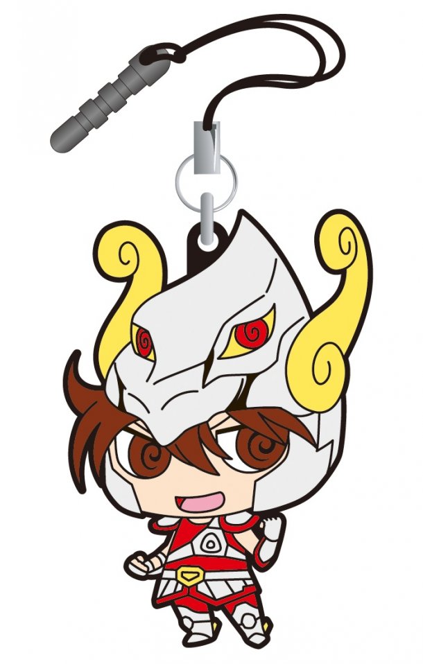 Chibi-style Saint Seiya Pegasus Seiya rubber strap with gold horns, white helmet, and red armor, attached to a 3.5mm audio jack loop.