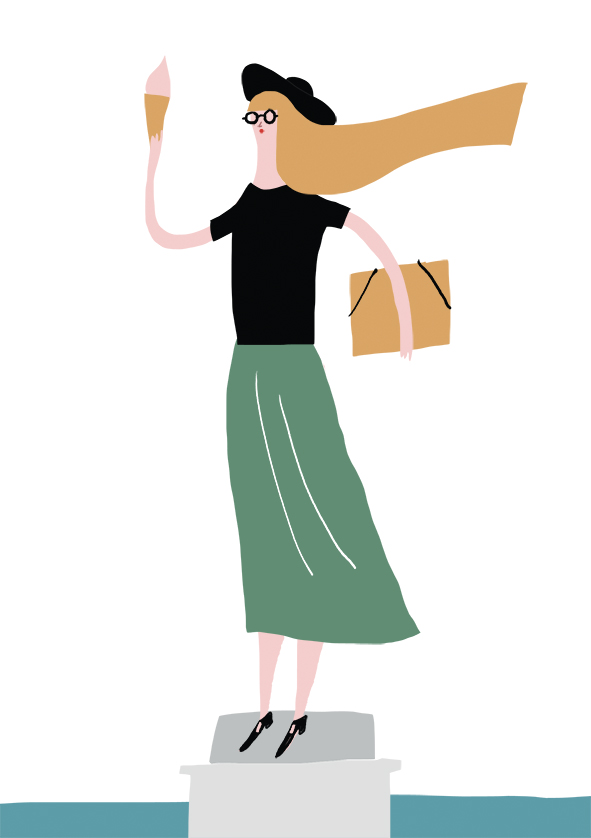 Stylish woman in black beret and green skirt holding ice cream and shopping bag, standing on pedestal with wind-swept hair.