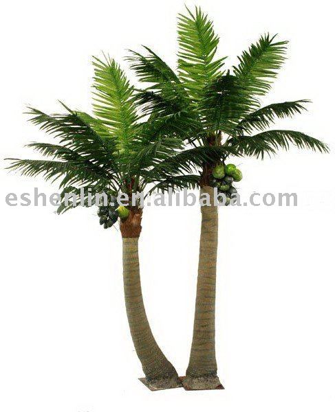 Two artificial coconut palm trees with green fronds and coconuts, set against a white background.