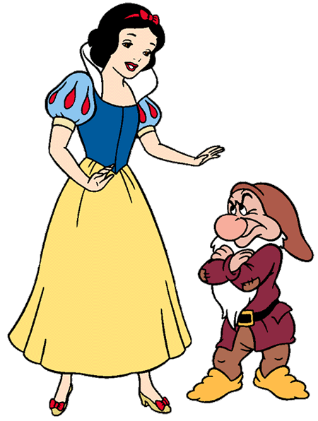 Snow White in her classic blue-and-yellow dress gestures toward a skeptical Grumpy dwarf.