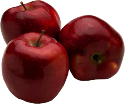 Three glossy red apples arranged closely on a black background, showcasing vibrant skin and natural stems.