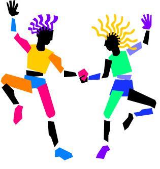 Two vibrant, stylized figures dancing joyfully with colorful geometric outfits and expressive hair.