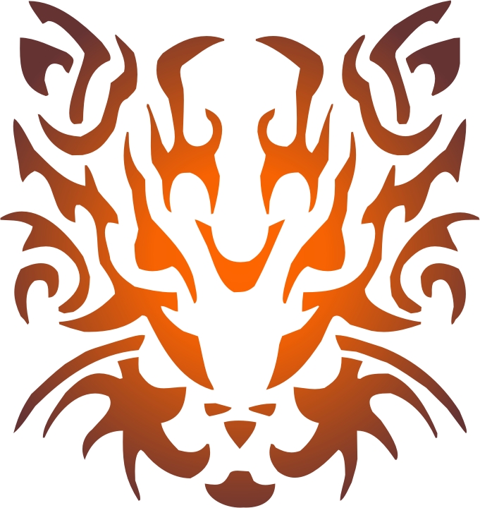 Tribal-style lion head logo with flame-like orange and brown gradients on white background.