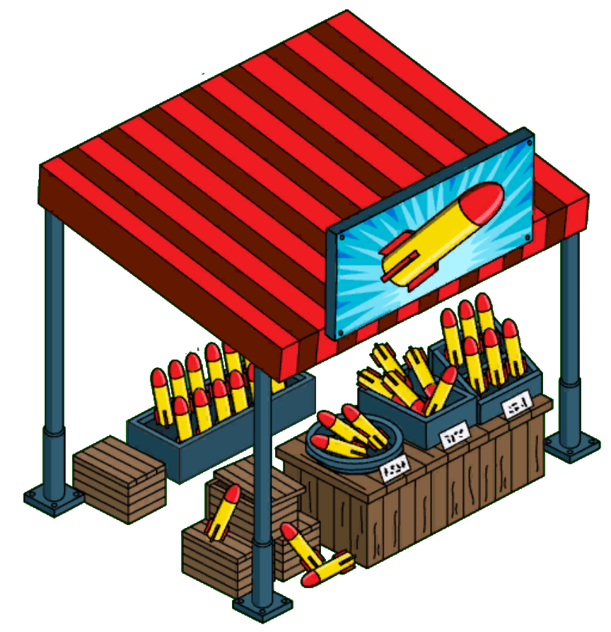 Colorful cartoon firework stand with red-and-brown striped awning, rocket-shaped fireworks in bins and crates.