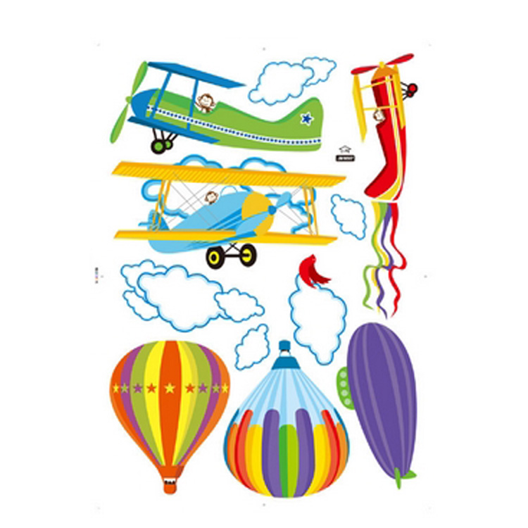 Colorful cartoon airplanes and hot air balloons with clouds, designed for children’s room decor or educational materials.