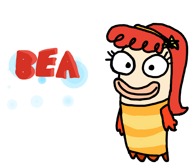 Cartoon fish character named Bea with red hair, striped body, and star headband, smiling beside floating "BEA" text in bubbles.
