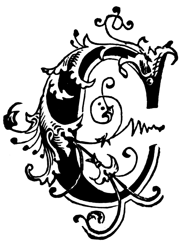 Ornate black-and-white decorative initial letter "P" with floral and scrollwork flourishes in vintage manuscript style.