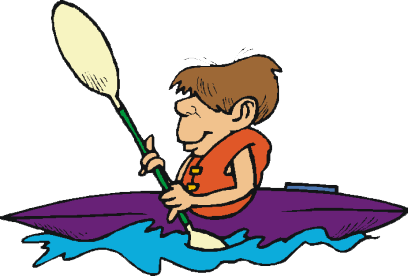 A cartoon boy paddling a purple kayak on blue water.