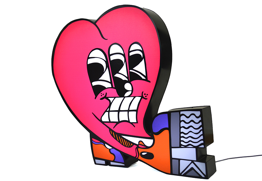 Vibrant pink heart-shaped lamp with cartoonish screaming face and geometric base, pop art style.