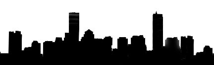 Black silhouette of a modern city skyline with varied skyscrapers against a white background.