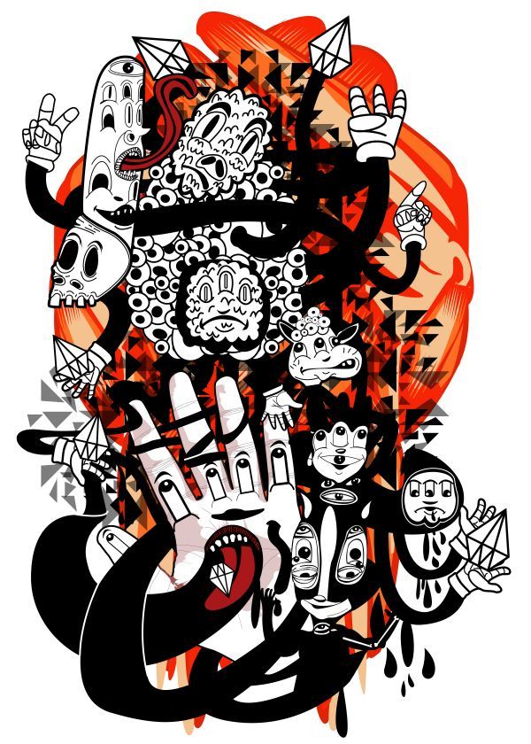 Vibrant surreal illustration featuring grotesque cartoon characters, floating hands, skulls, and geometric shapes against a fiery orange backdrop.