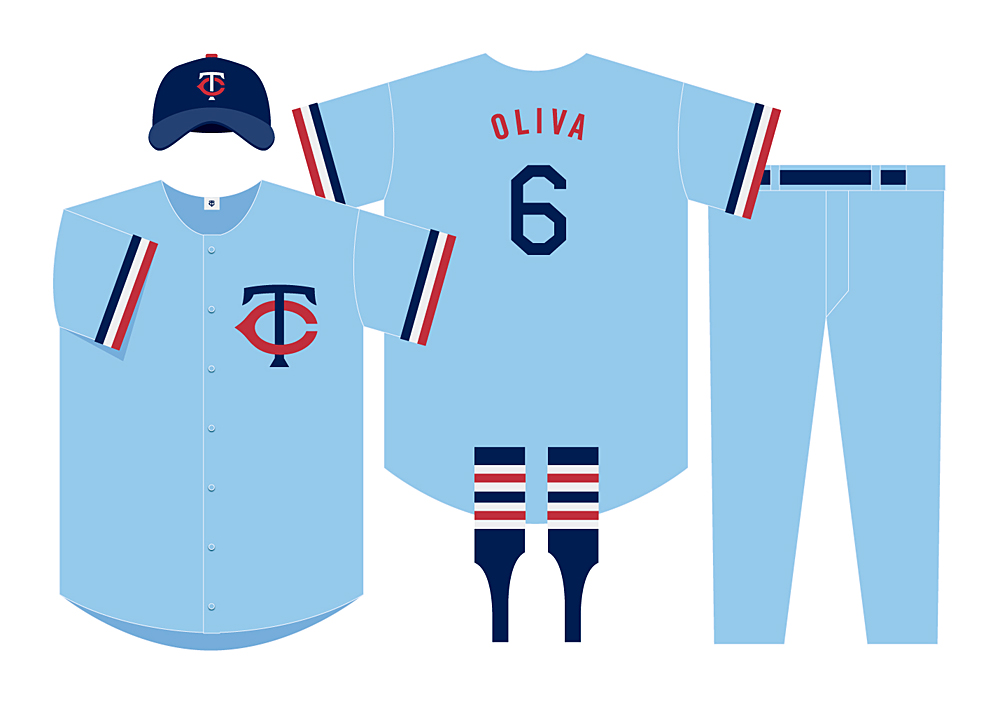 Minnesota Twins light blue alternate baseball uniform set with cap, jersey (front and back), pants, and socks featuring player name "Oliva" and number 6.