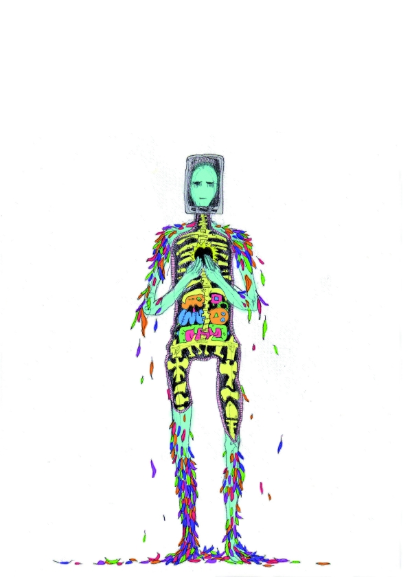 A surreal figure with a TV for a head, exposed skeleton, colorful internal organs, and vibrant feather-like fragments falling from its body.