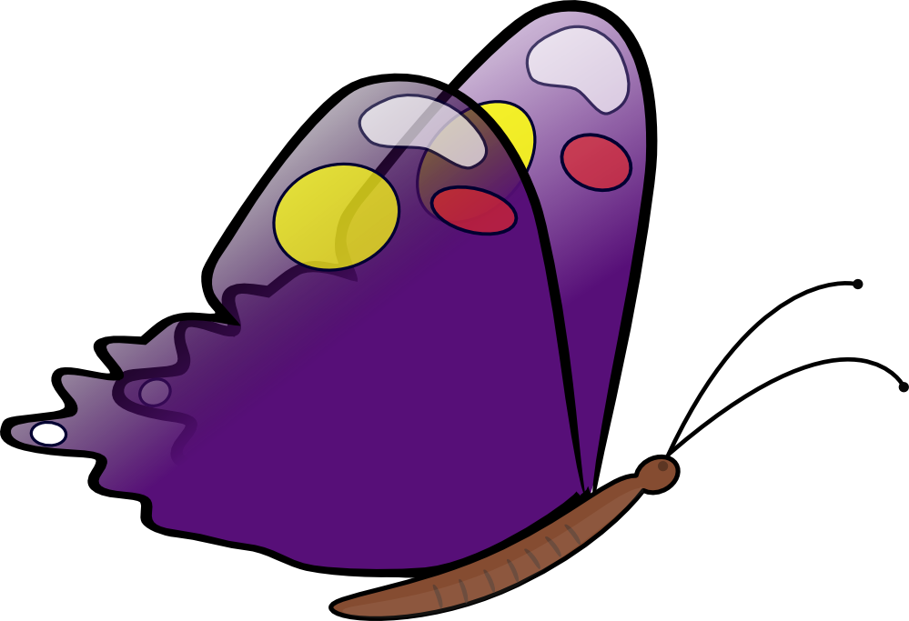 Vibrant purple cartoon butterfly with yellow, red, and white spots on its wings, illustrated in a playful vector style.