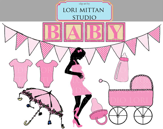 Girl Baby Shower Clip Art, Pink Baby Clipart, Digital Files, for 