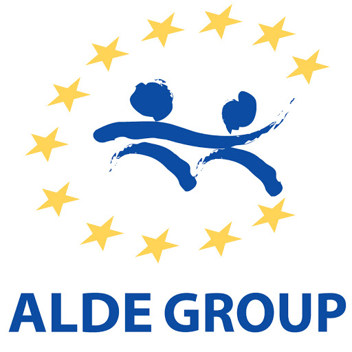ALDE Group logo featuring blue stylized figures within a circle of twelve yellow stars, with "ALDE GROUP" text below.