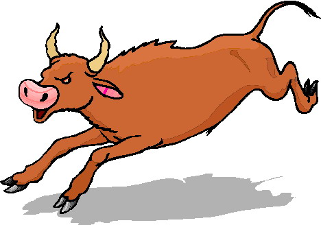 A cartoon brown bull with yellow horns charging forward, mouth open and hooves extended.