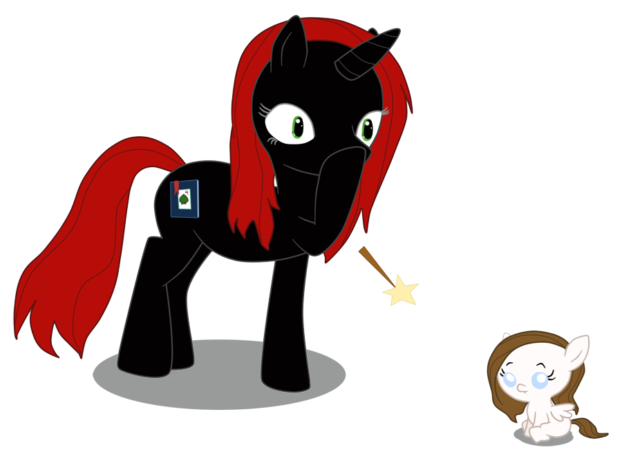 A black unicorn with vibrant red mane and tail, wearing a book-themed cutie mark, stands beside a small white pony holding a glowing star-tipped wand.