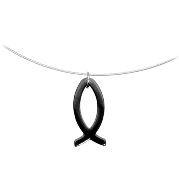 Black Ichthys (Christian fish) symbol pendant on a silver chain against white background.