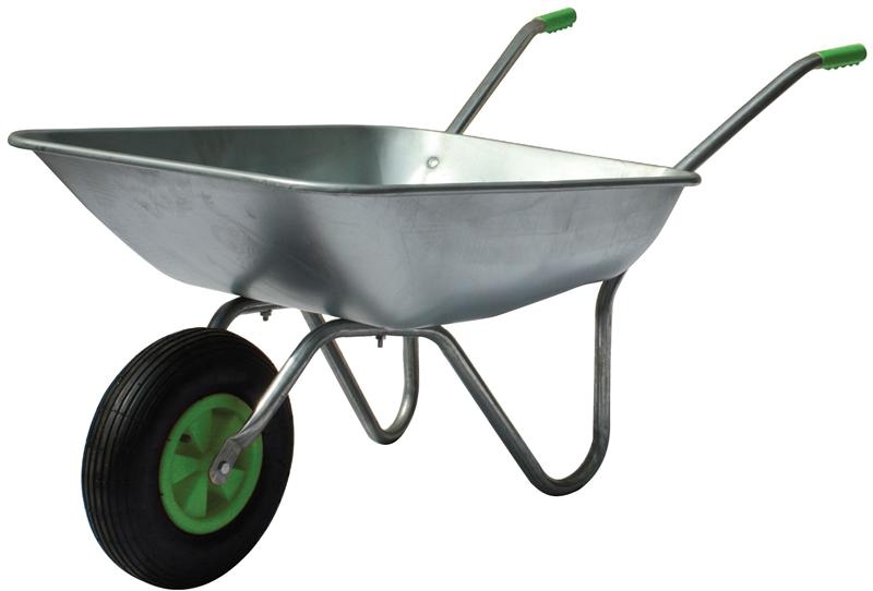 Steel wheelbarrow with green handles and pneumatic tire on white background