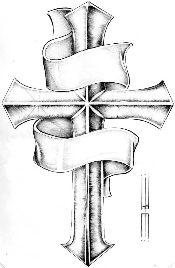 cross with rose and banner drawings