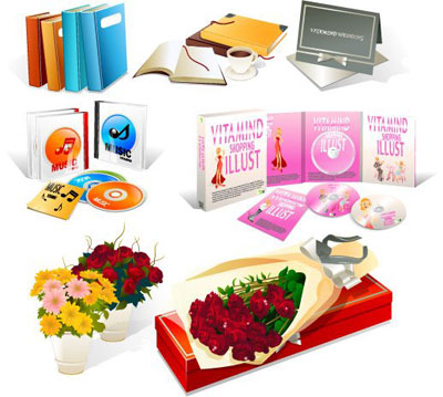 A curated collection of gift items including books, music CDs, greeting cards, a laptop, and bouquets of fresh flowers.