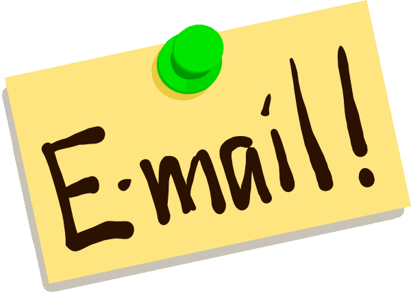Yellow sticky note with "E-mail!" handwritten in brown ink, pinned by a green pushpin.
