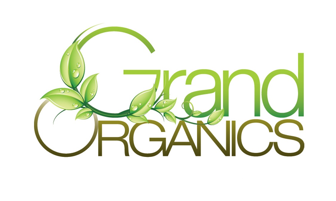 Grand Organics logo featuring green leaves and dewdrops integrated into stylized text on white background