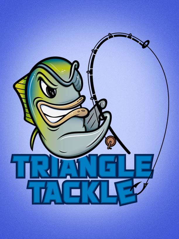 Cartoon mahi-mahi fish holding a fishing rod with "Triangle Tackle" logo on blue background.