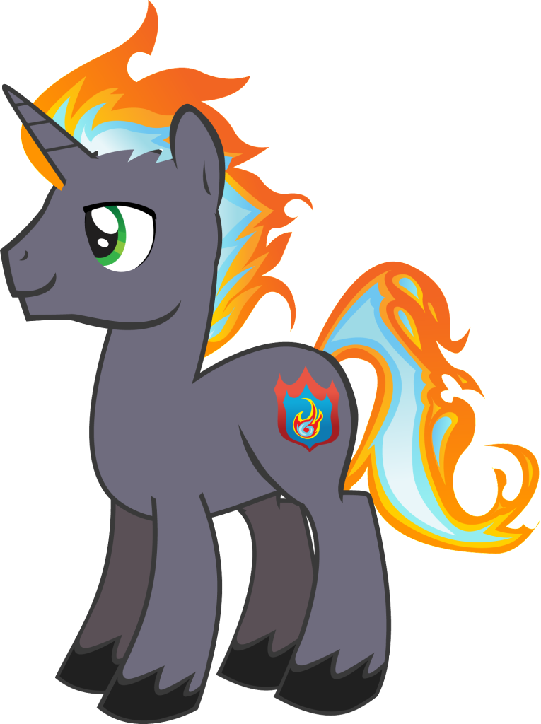Gray unicorn with fiery orange-and-blue mane, tail, and cutie mark, smiling gently in profile view.