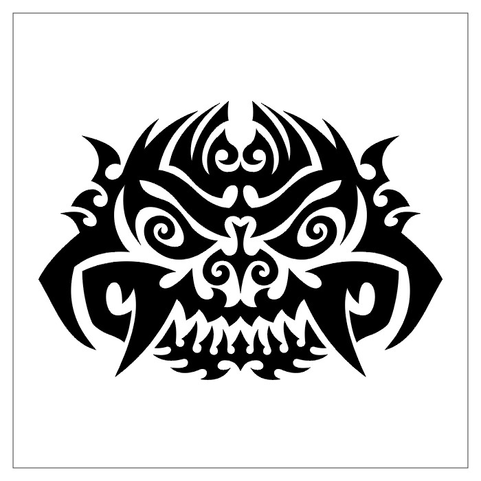 Black and white tribal-style demonic mask with swirling patterns, sharp teeth, and fierce eyes.