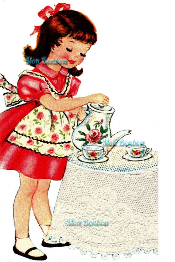 Cute Retro Tea Time Little Girl Illustration .PnG - DIY Printable - D?