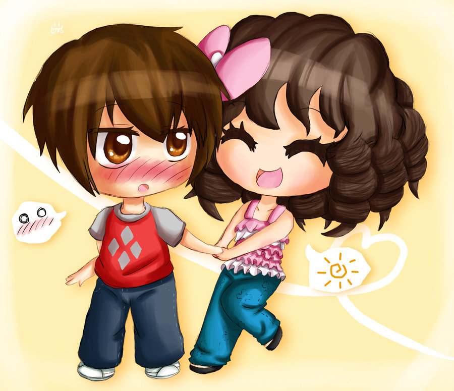 anime boy and girl holding hands chibi