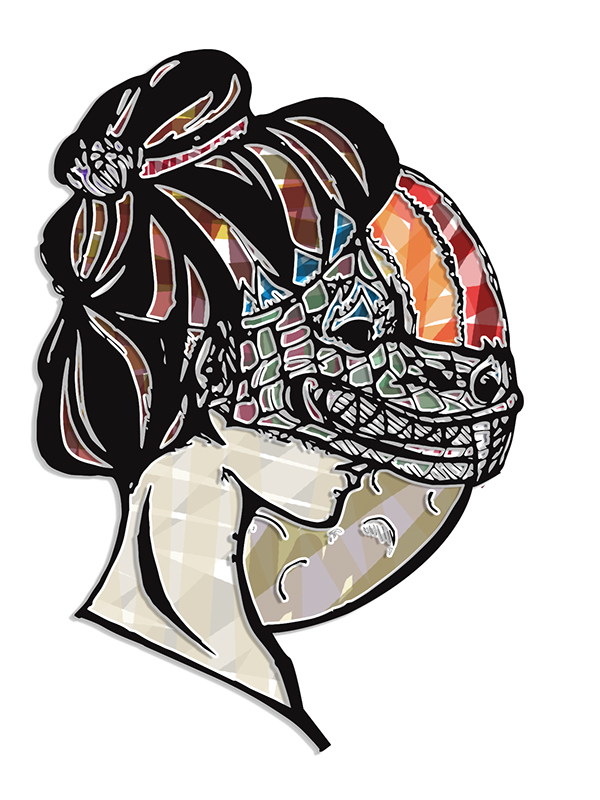 Stylized side-profile illustration of a woman with geometric, mosaic-like facial features and vibrant hair details.