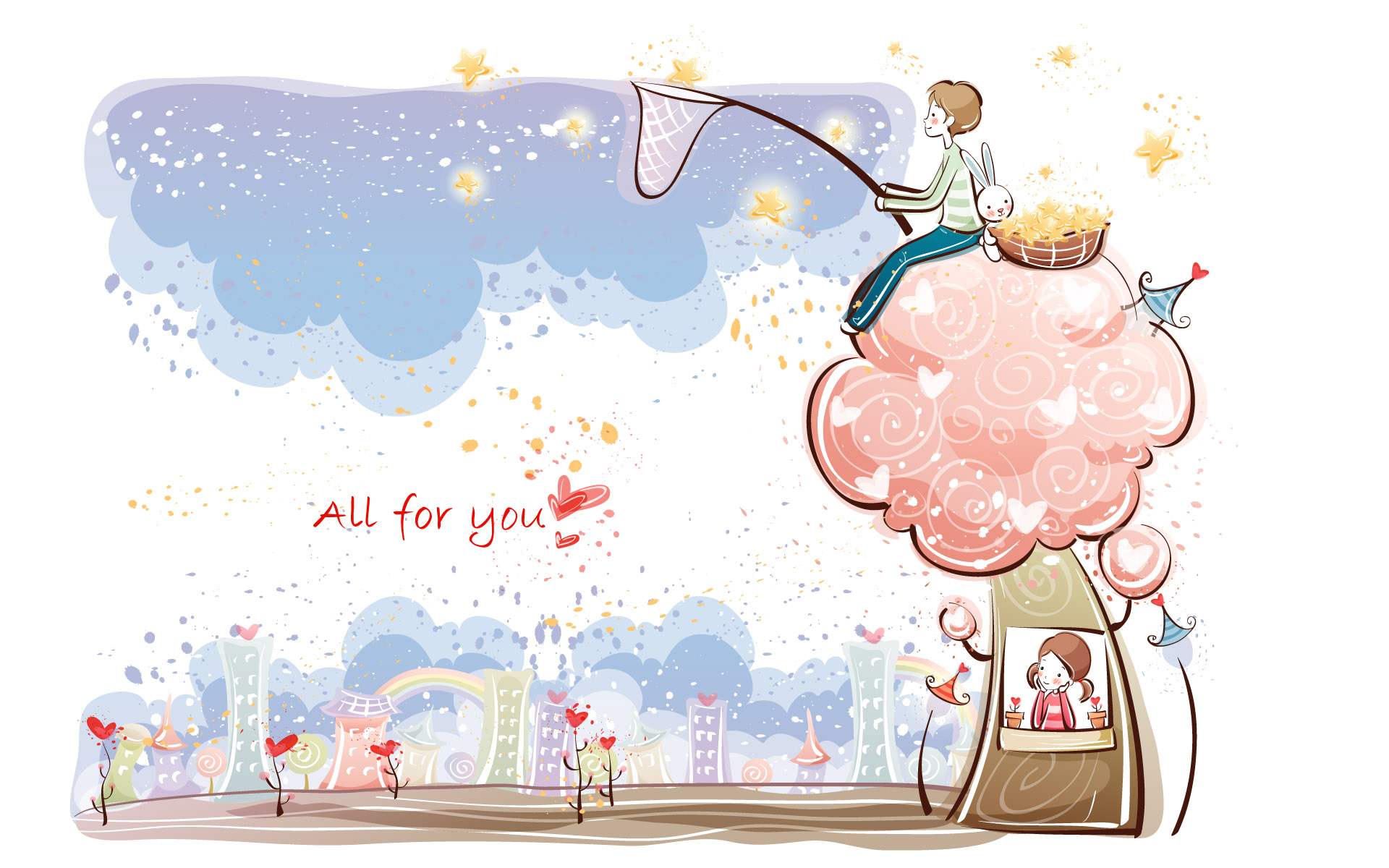 A child sits atop a whimsical pink cloud-tree, netting golden stars while a girl watches from a treehouse window below; hearts and rainbows fill the dreamy sky.