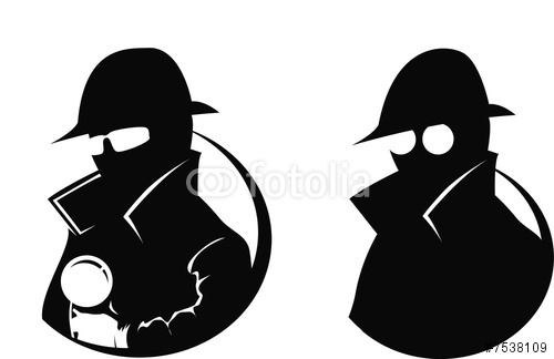 Silhouette of 2 detectives, one with magnifying glass Stock photo 
