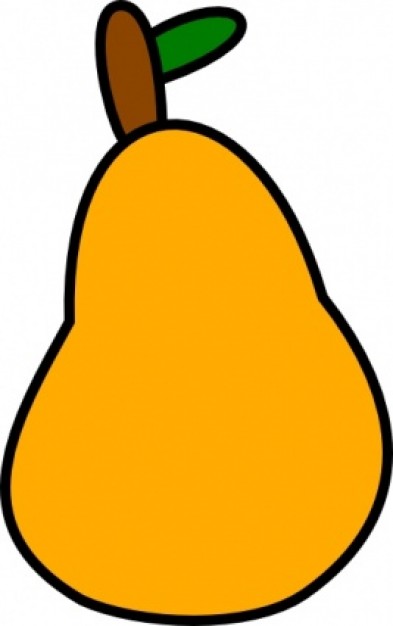 Bright yellow cartoon pear with brown stem and green leaf, outlined in black.