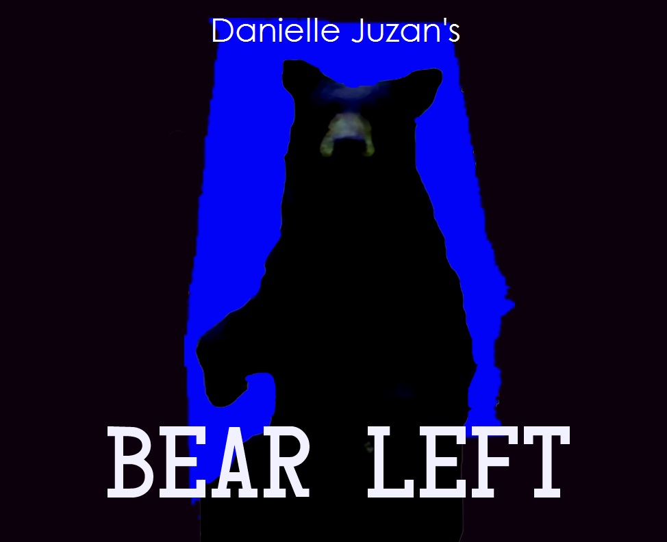 Silhouette of a bear standing upright against a bold blue vertical stripe, with text "Danielle Juzan's BEAR LEFT" overlaid.
