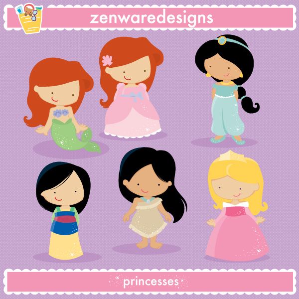 Six cute cartoon princesses and a mermaid in colorful dresses on purple background, by Zenware Designs.