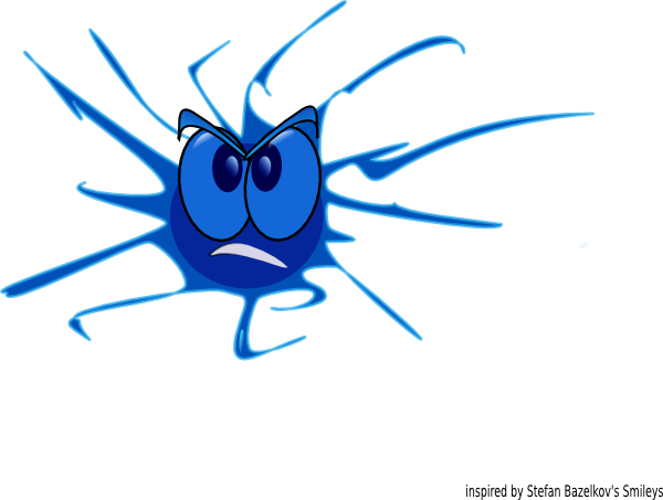Angry blue cartoon virus with spiky tentacles and frowning face, symbolizing malware or computer threat.