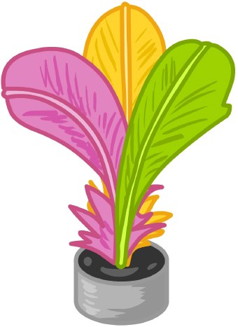 Colorful feather-like plant with pink, yellow, and green leaves in a gray pot.