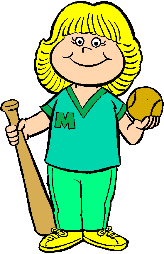 Smiling cartoon girl with blonde hair holding a baseball bat and ball, wearing a green uniform with an 'M' logo.