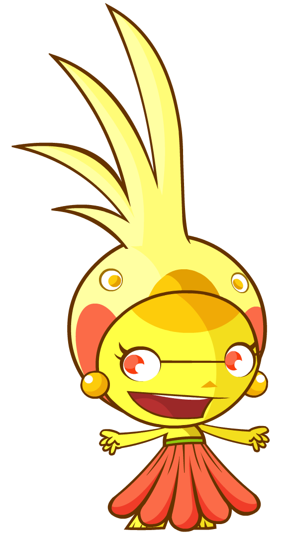 Cheerful yellow cartoon character with spiky hair, red cheeks, and a floral skirt, smiling with open arms.