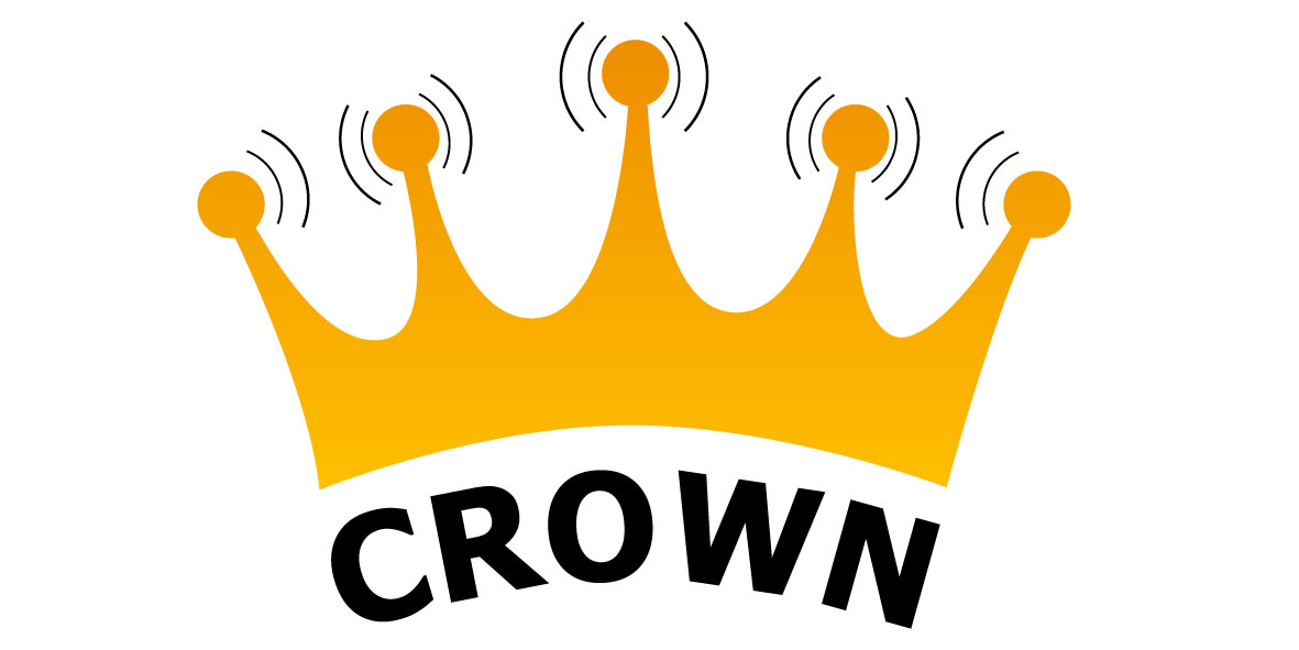 Golden crown with signal waves on each point and bold "CROWN" text below, symbolizing leadership and connectivity.